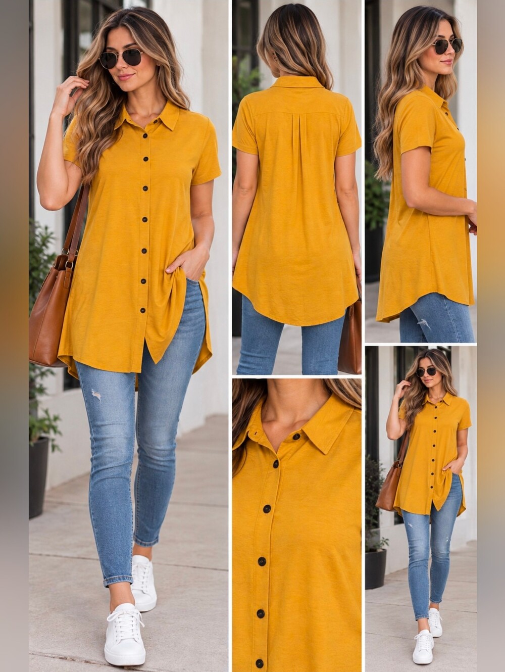 Kim Rogers Mustard Yellow Everyday Button-Front Knit Shirt Tunic Size S NWT